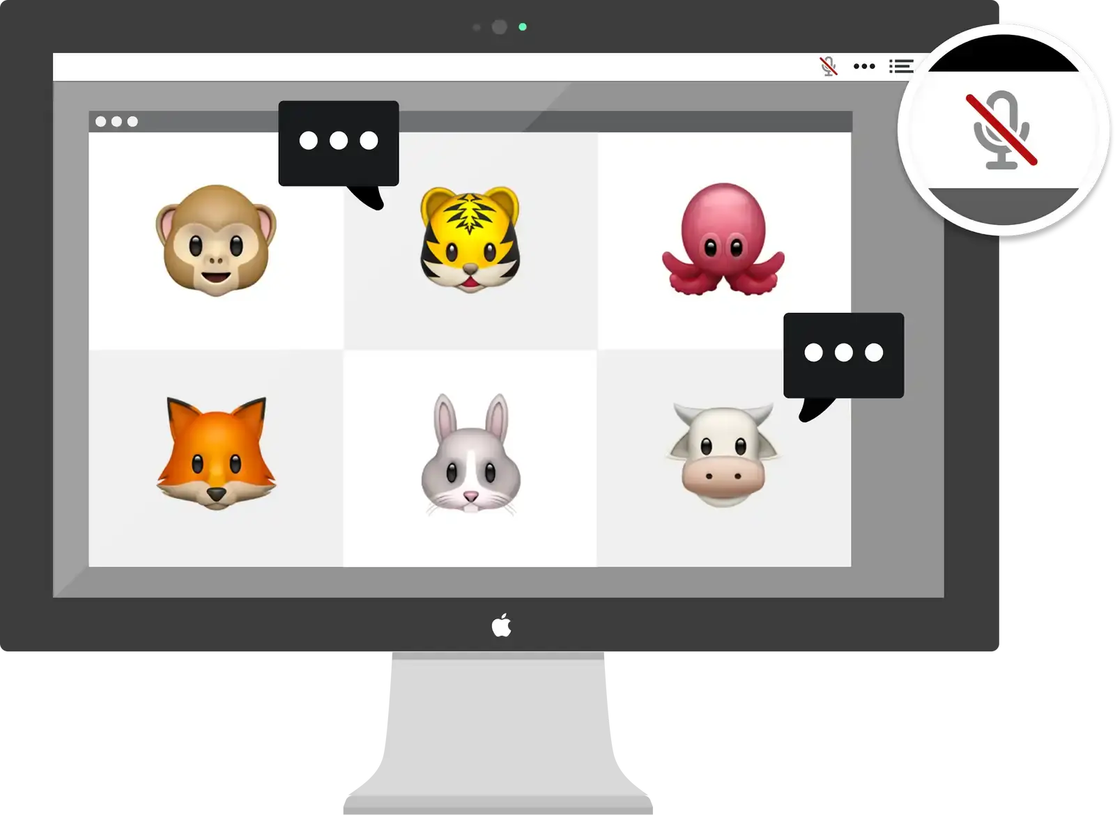 All the emoji animals in a Zoom call, with Mic Drop showing the mic muted in the menubar