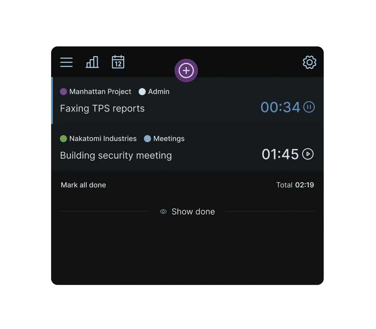 Turnip’s menubar window, showing a list of tracked timeslips