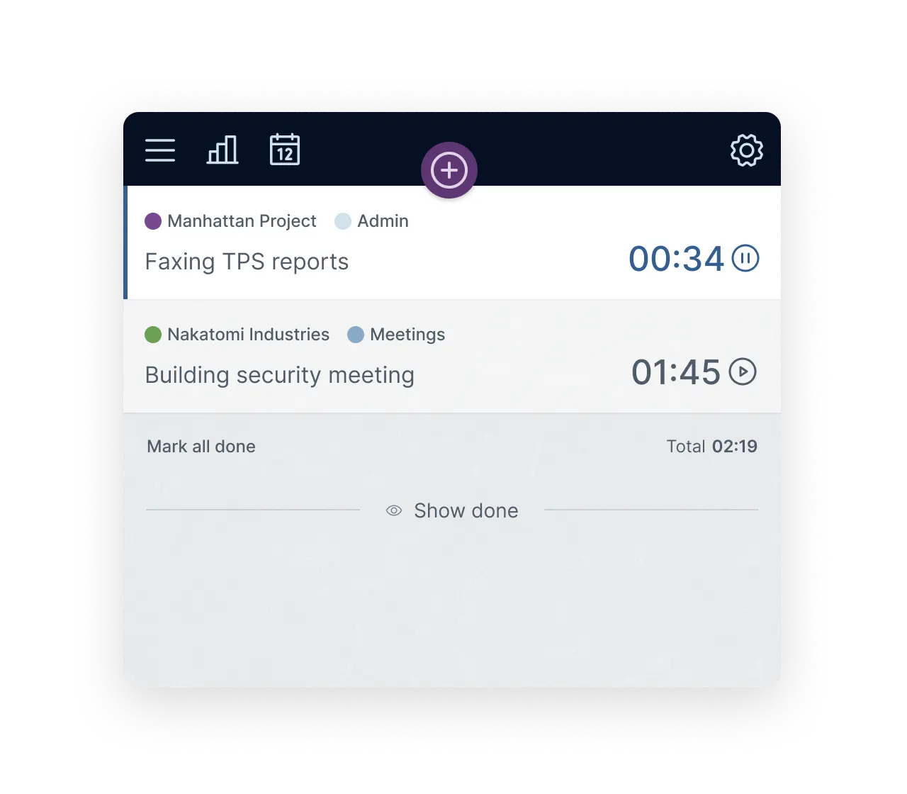 Turnip’s menubar window, showing a list of tracked timeslips