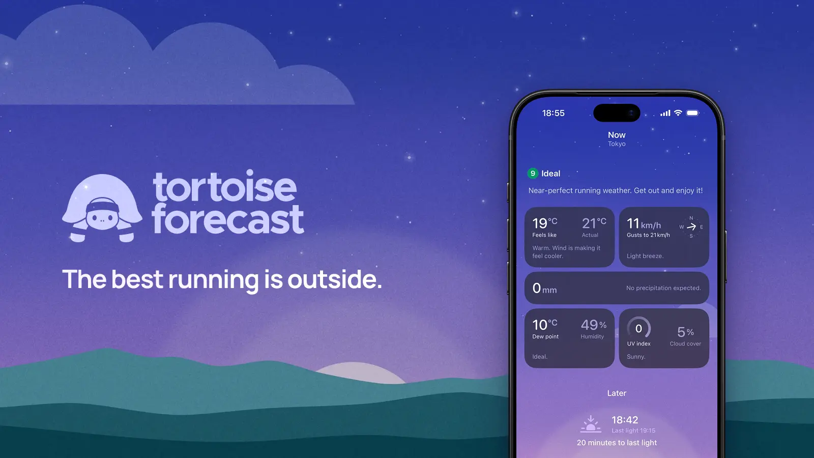 The Tortoise Forecast logo, a tortoise wearing a headband, and the tagline “The best running is outside”, beside an iPhone showing Tokyo at dusk, scoring 9, Ideal.