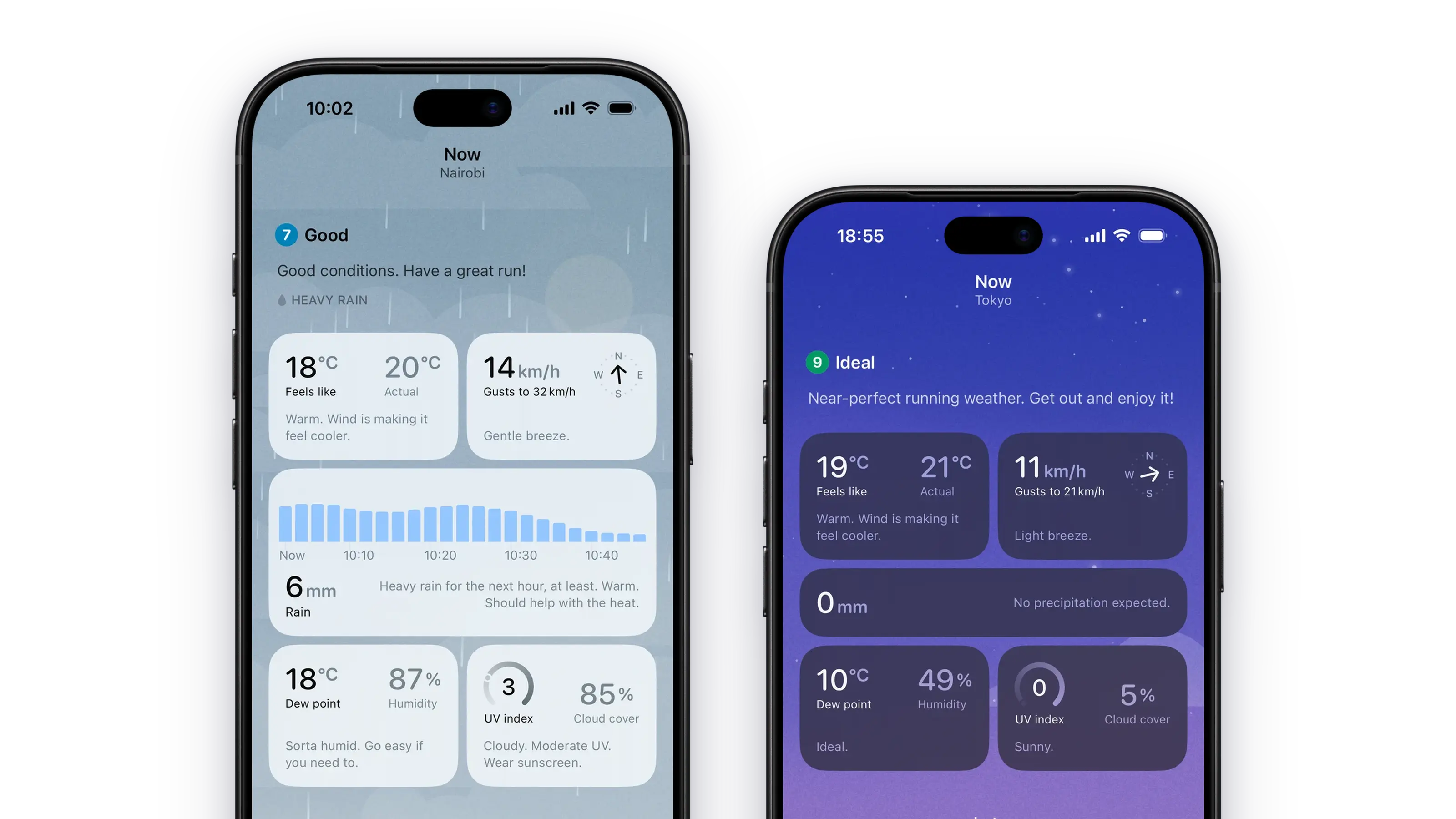 Two iPhones showing the Now screen in Tortoise Forecast: Nairobi in heavy rain, scoring 7, Good, with a minute-by-minute rain chart; and Tokyo at dusk, scoring 9, Ideal.