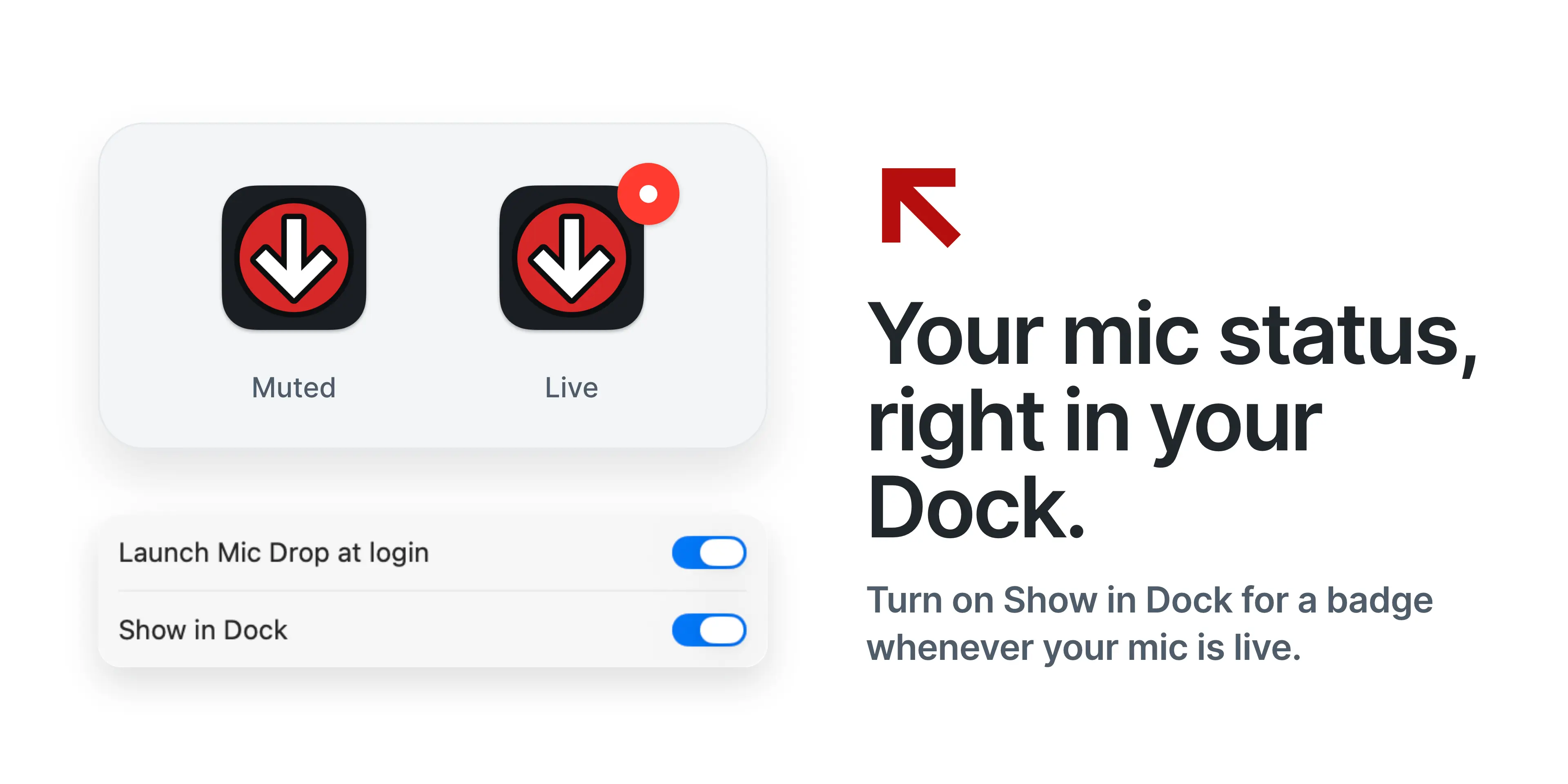 Mic Drop’s Dock icon, muted and live with a dot badge, above the Show in Dock setting.