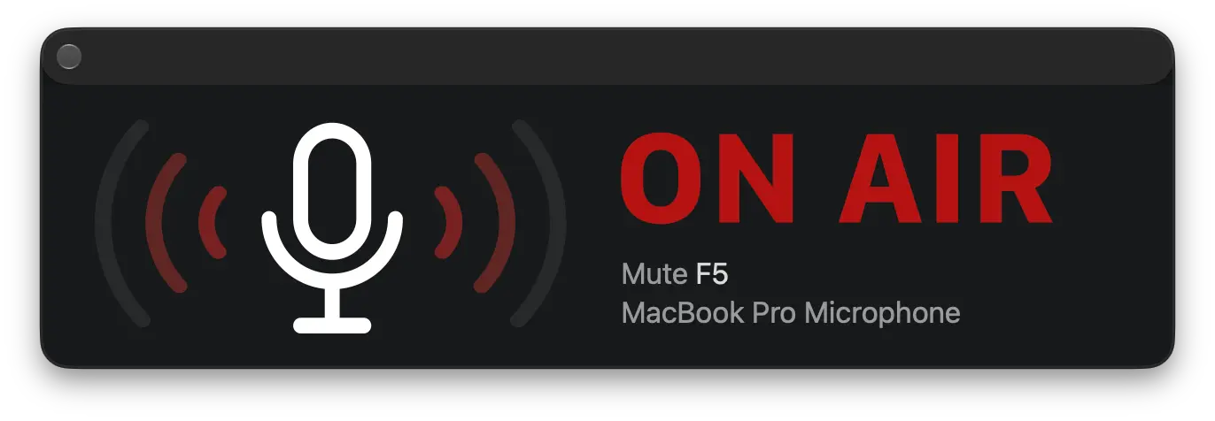 Mic Check at the new Wide size: a banner with the microphone on the left, and “ON AIR”, the mute shortcut, and the mic’s name on the right.