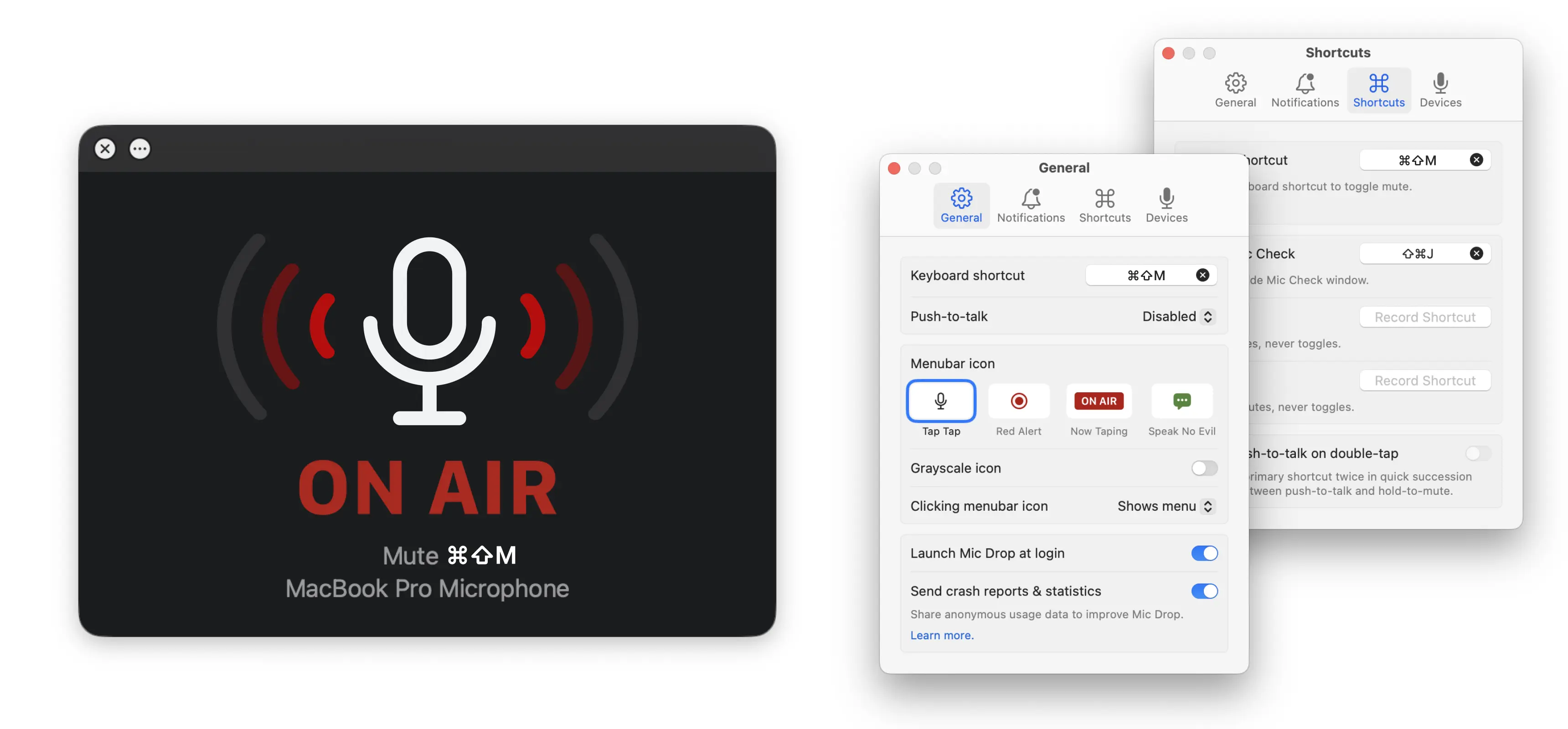 Dark status window with a microphone icon, the text “ON AIR”, “Mute” state, and “MacBook Pro Microphone” written as a device name. Next to it are two macOS settings windows of the Mic Drop app with various settings.