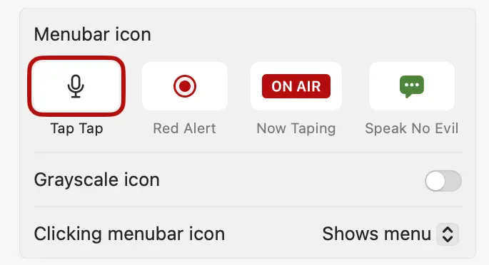 Screenshot of Mic Drop’s settings window, focusing on the four menu bar icons: a microphone, a glowing red dot, an “ON AIR” sign, and a green speech bubble.