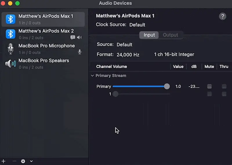 Screen recording of the Audio MIDI Setup app on macOS, muting a Bluetooth device's microphone, then switching to the Bluetooth device's output showing that it is linked and muted.