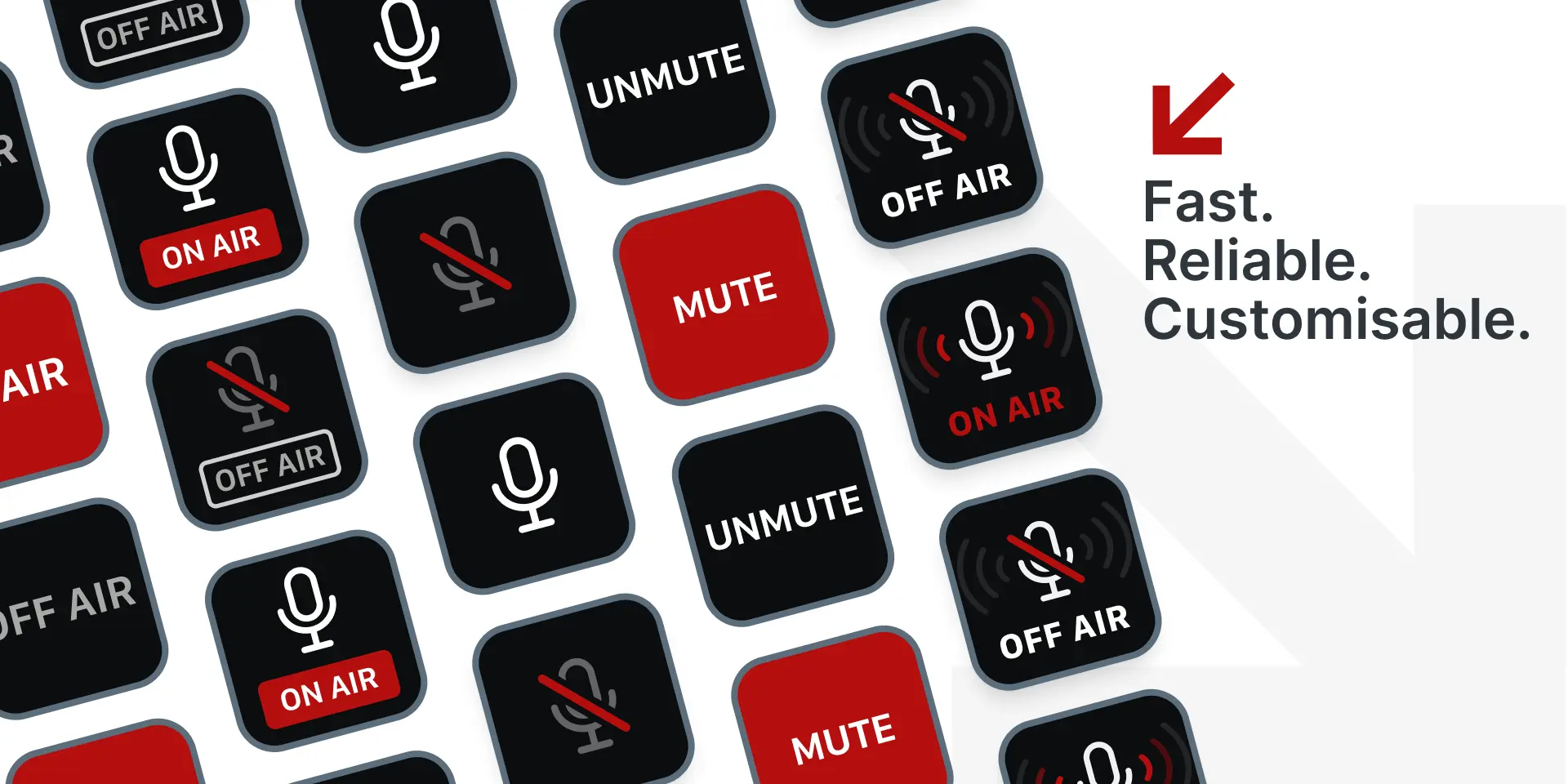 Row of microphone icons with the text “Fast. Reliable. Customisable.”