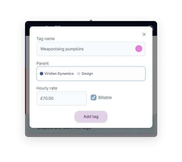 Turnip’s add tag screen, showing the ability to select a parent project as well as an hourly rate and a checkbox for billable.