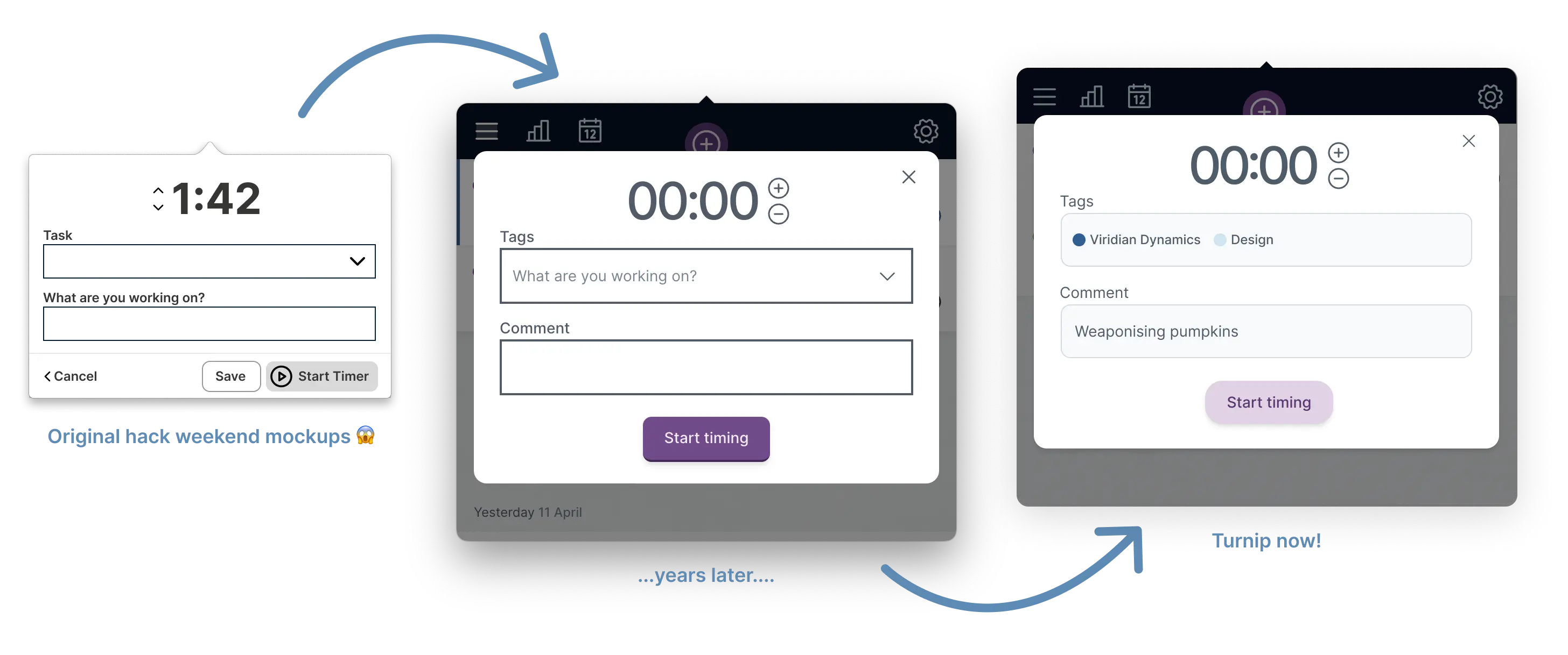 Screenshots of Turnip’s add timer screen over the years, evolving to a softer, less contrasty look and feel.
