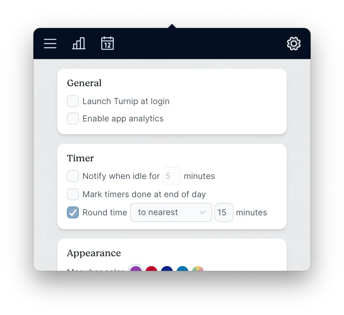 Turnip’s settings screen showing a checkbox for timer rounding, plus the ability to change from nearest, up, and down, as well as changing the increment in minutes.