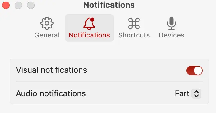 Notifications settings screen in Mic Drop with visual notifications toggle selected and an audio notification dropdown with “Fart” selected.