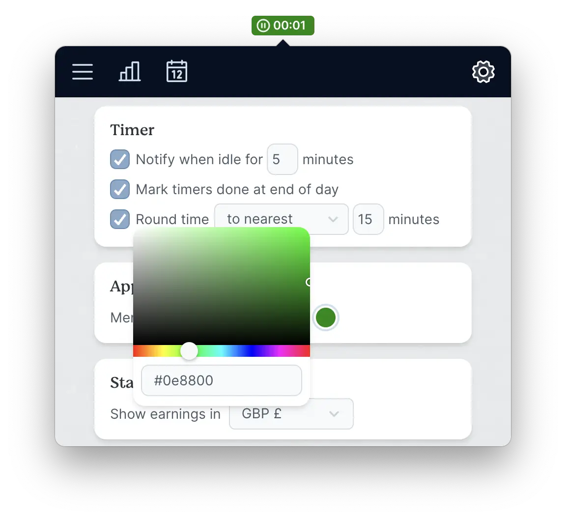 Turnip’s settings screen showing a colour picker to customise the menubar colour.
