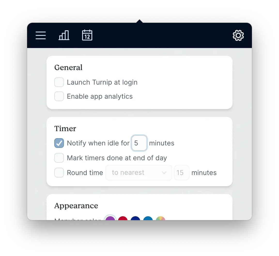 Turnip’s settings screen showing a checkbox to enable the idle timer and an input for how many minutes to wait before sending a notification.