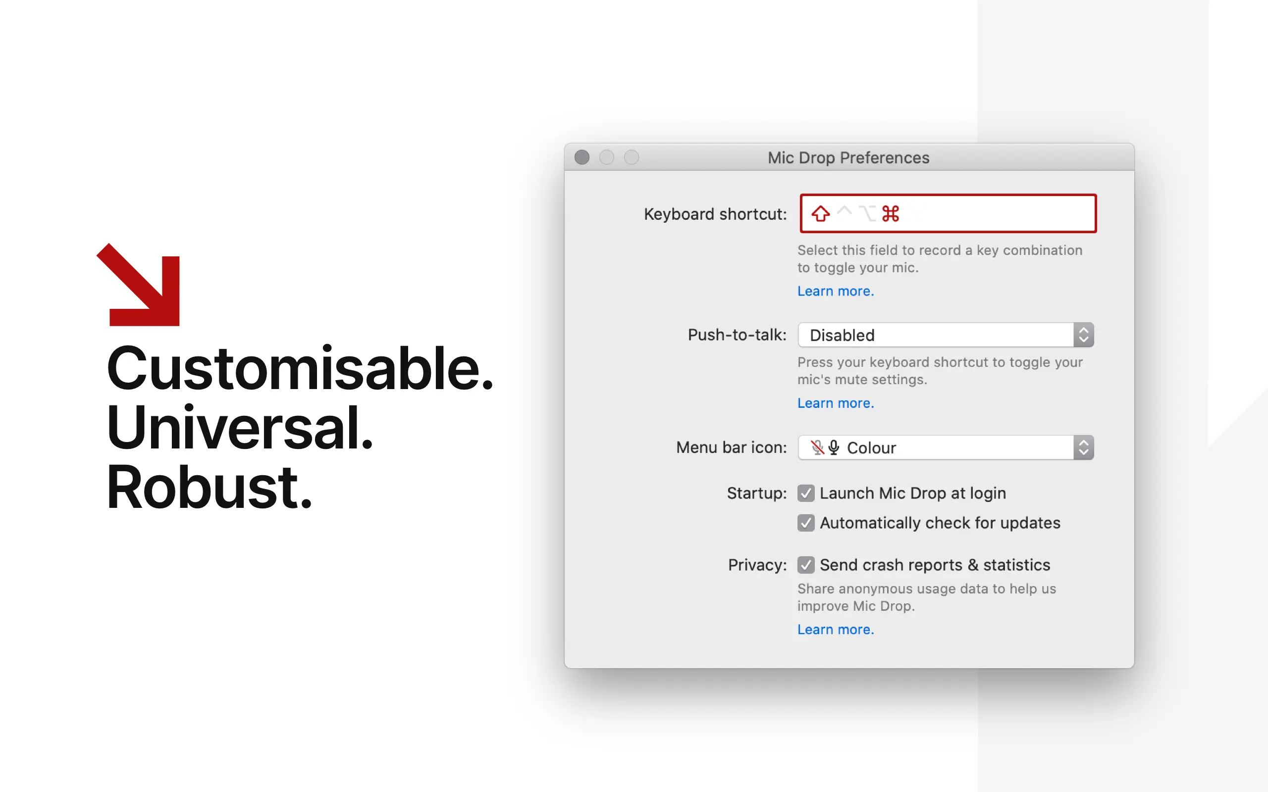 Mic Drop's preferences pane, showing a custom hotkey recorder.